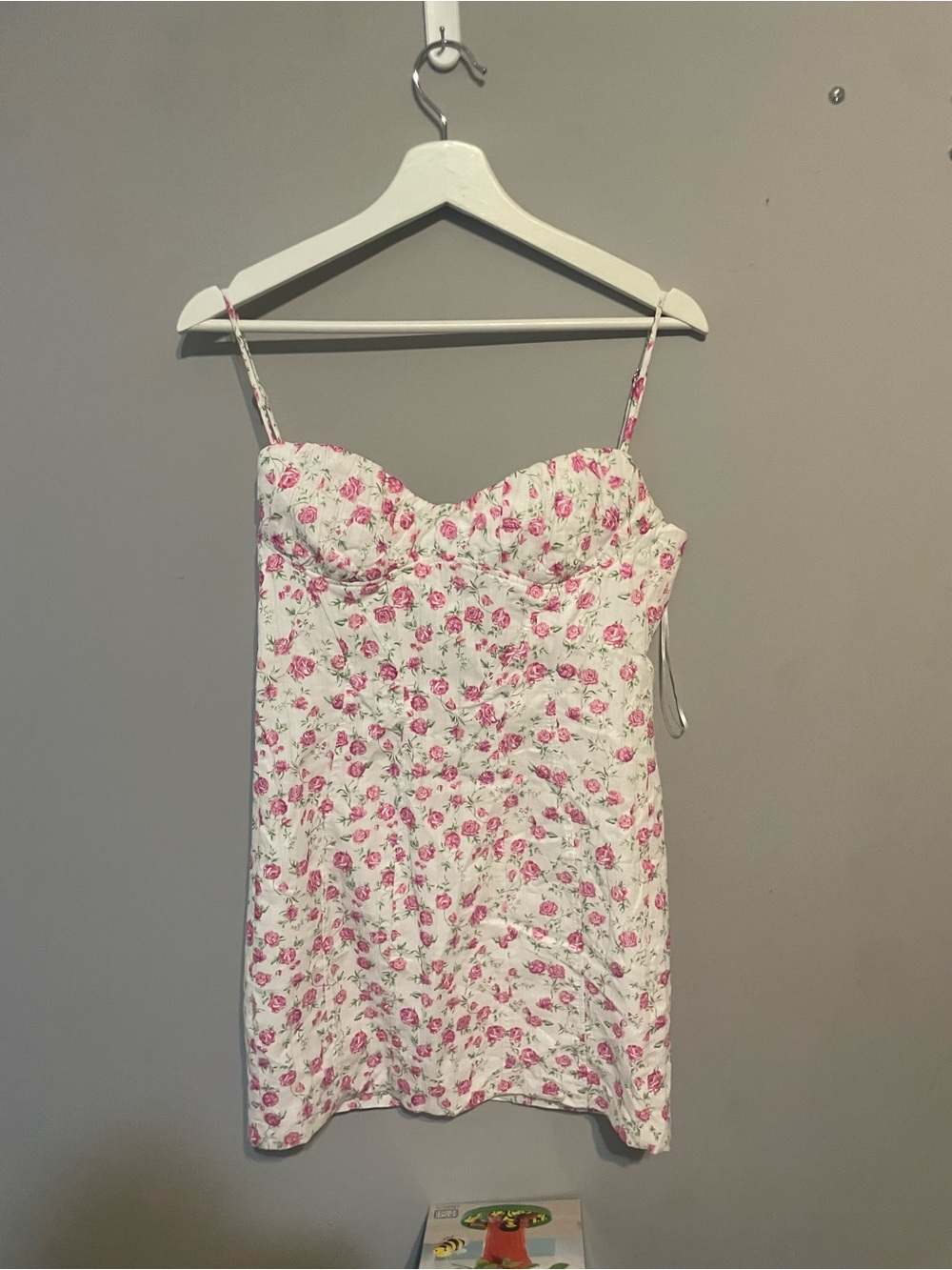 Zara Floral Bustier Mini Dress in White with Pink Roses BROKEN ZIPPER